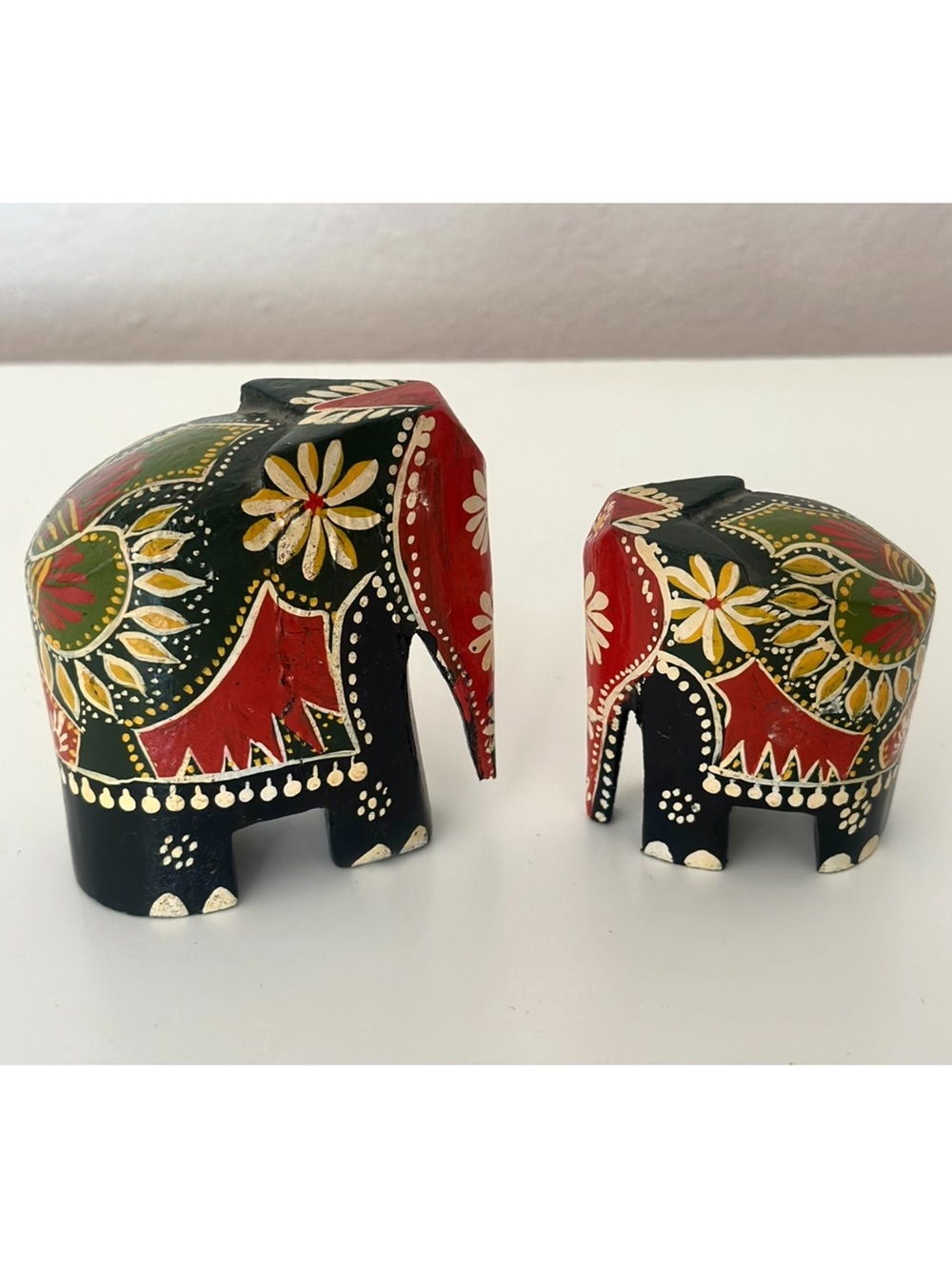 Vintage Indian Folk Art Hand Painted Carved Wooden Elephant Figurines Set of 2